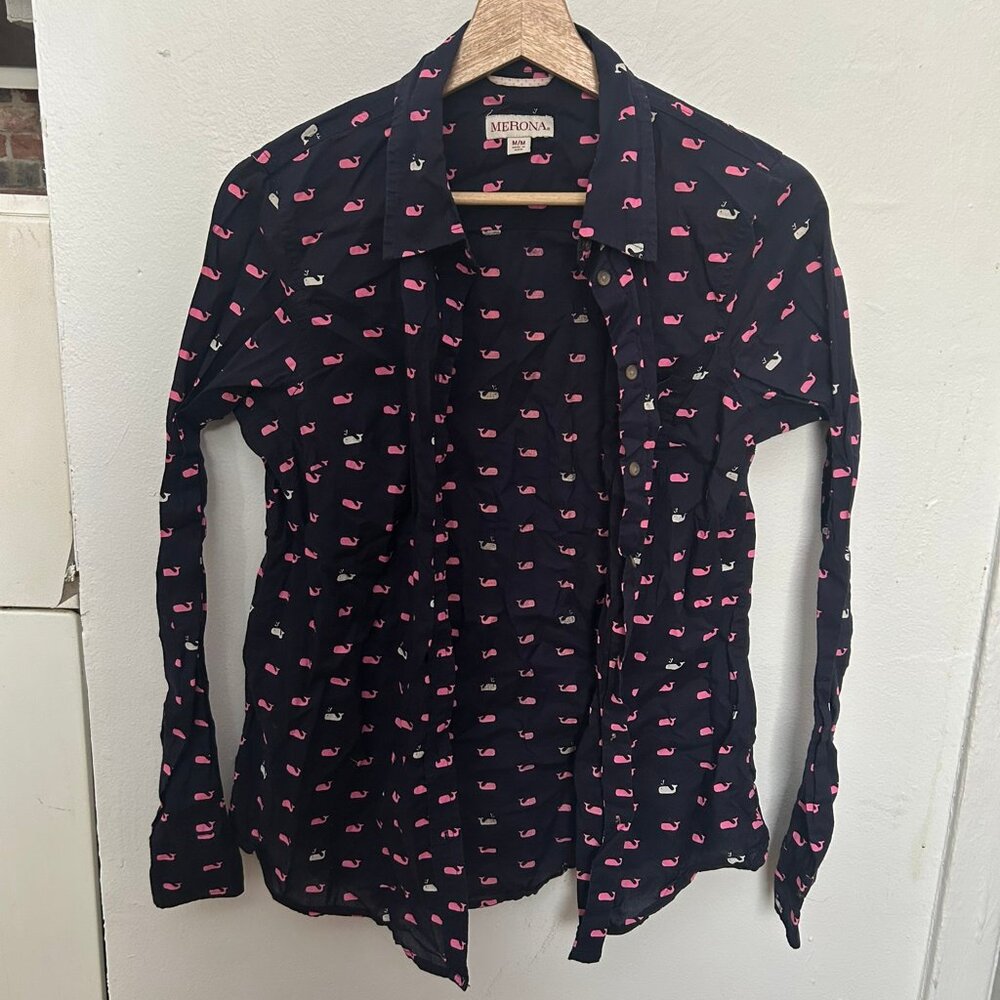 Merona whale pattern button down, size medium